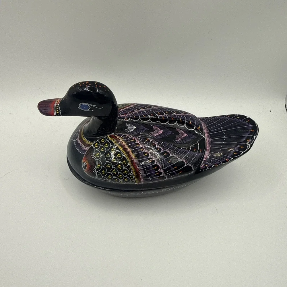 Black Lacquer Wooden Duck Trinket Box Hand Painted Thailand 5